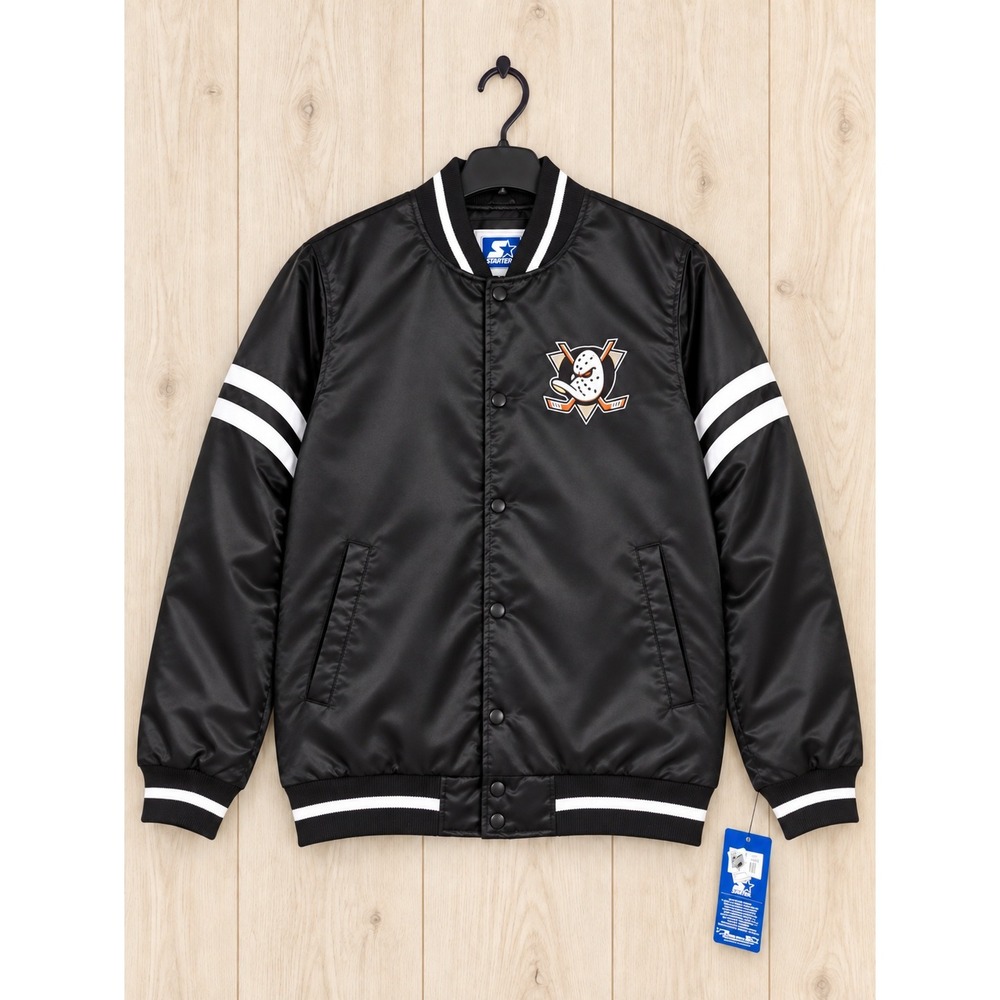 Starter NHL Anaheim Ducks Satin Varsity Bomber Jacket Black Mens XL NWT